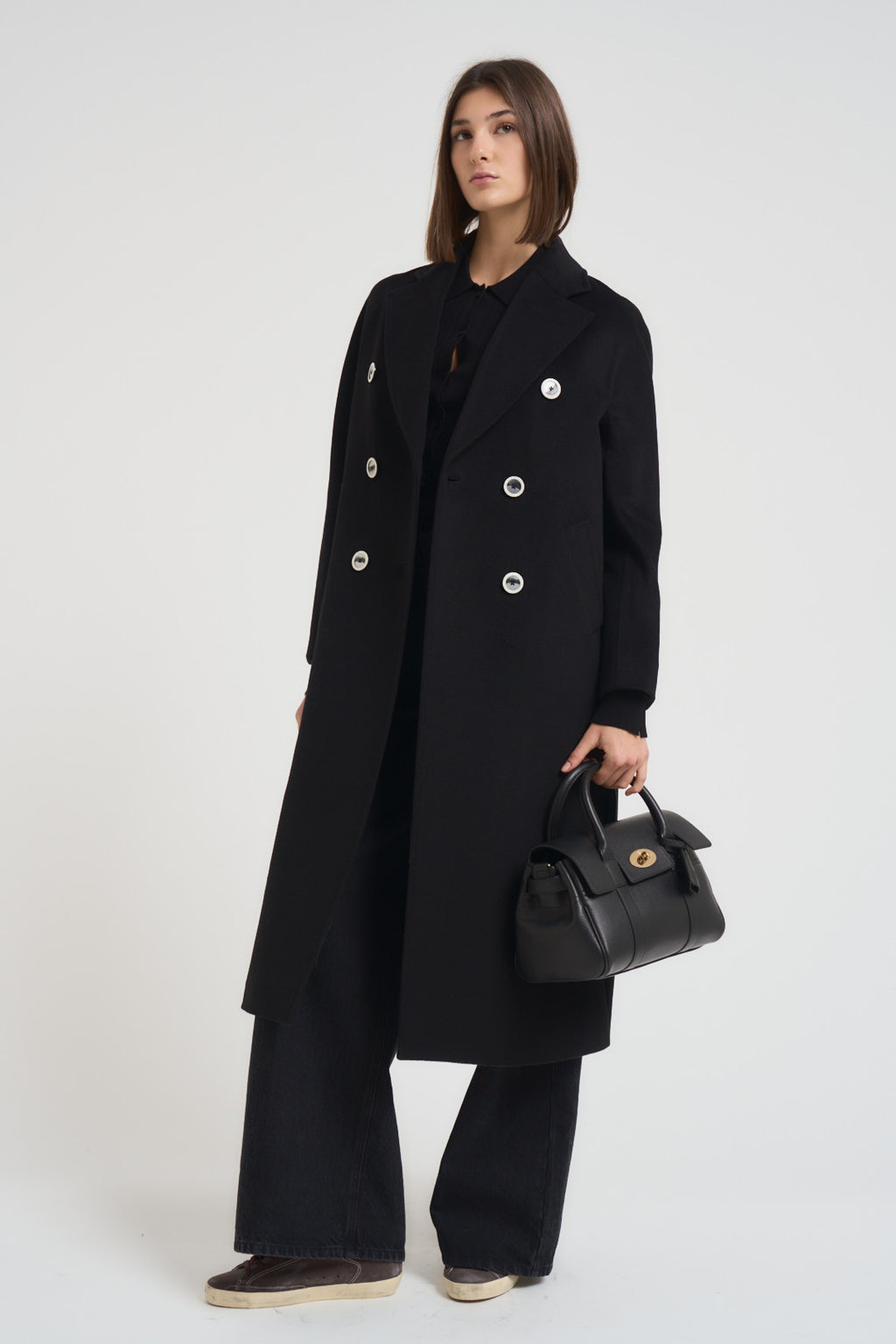 Cappotto donna lungo doppiopetto nero MYRNA DEBORA21 ACCADEMIE TESSILI 