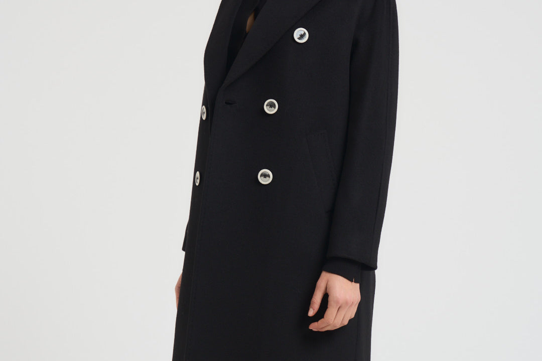 Cappotto donna lungo doppiopetto nero MYRNA DEBORA21 ACCADEMIE TESSILI 