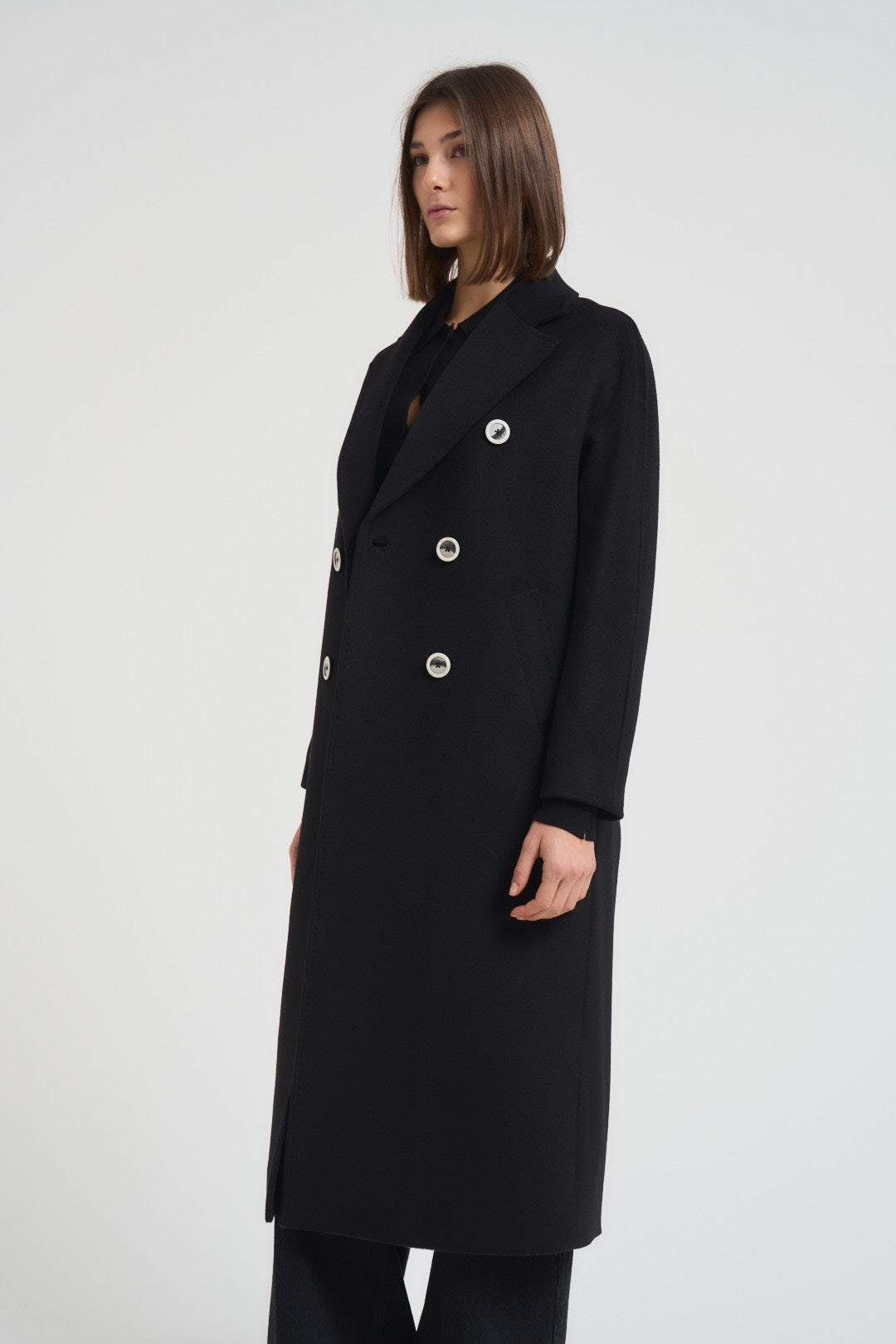 Cappotto donna lungo doppiopetto nero MYRNA DEBORA21 ACCADEMIE TESSILI 