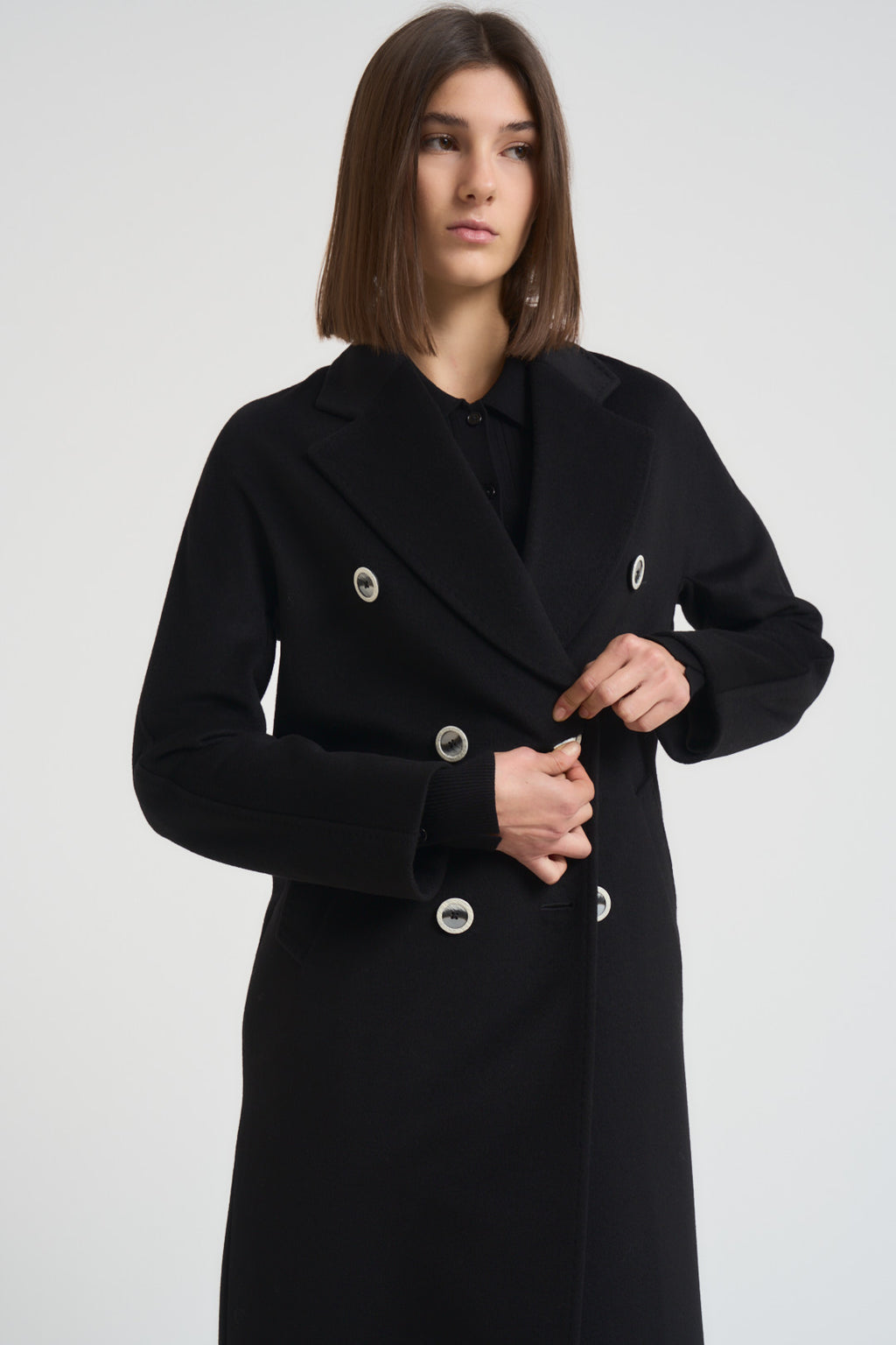 Cappotto donna lungo doppiopetto nero MYRNA DEBORA21 ACCADEMIE TESSILI 