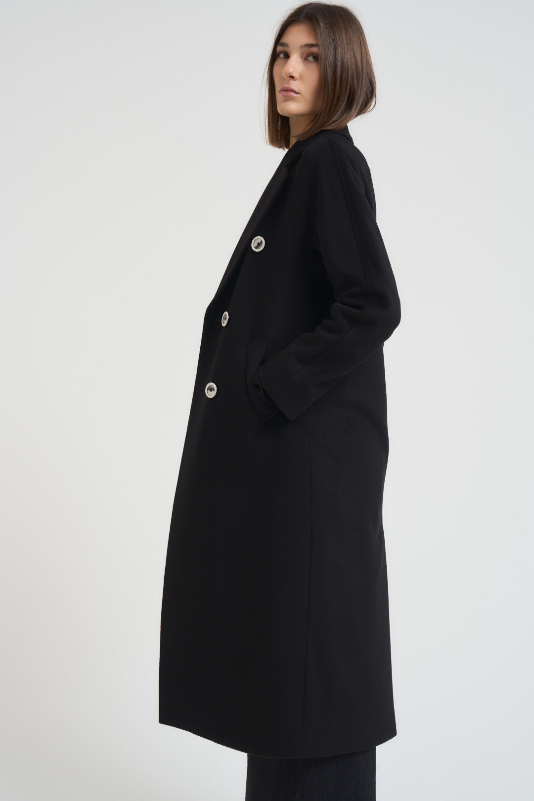 Cappotto donna lungo doppiopetto nero MYRNA DEBORA21 ACCADEMIE TESSILI 