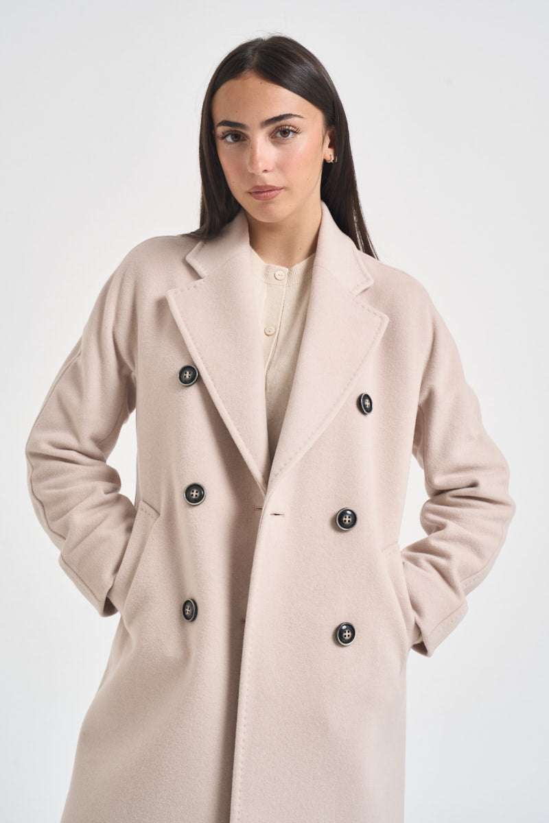 Cappotto donna lungo doppiopetto beige chiaro MYRNA DEBORA21PANNA ACCADEMIE TESSILI 