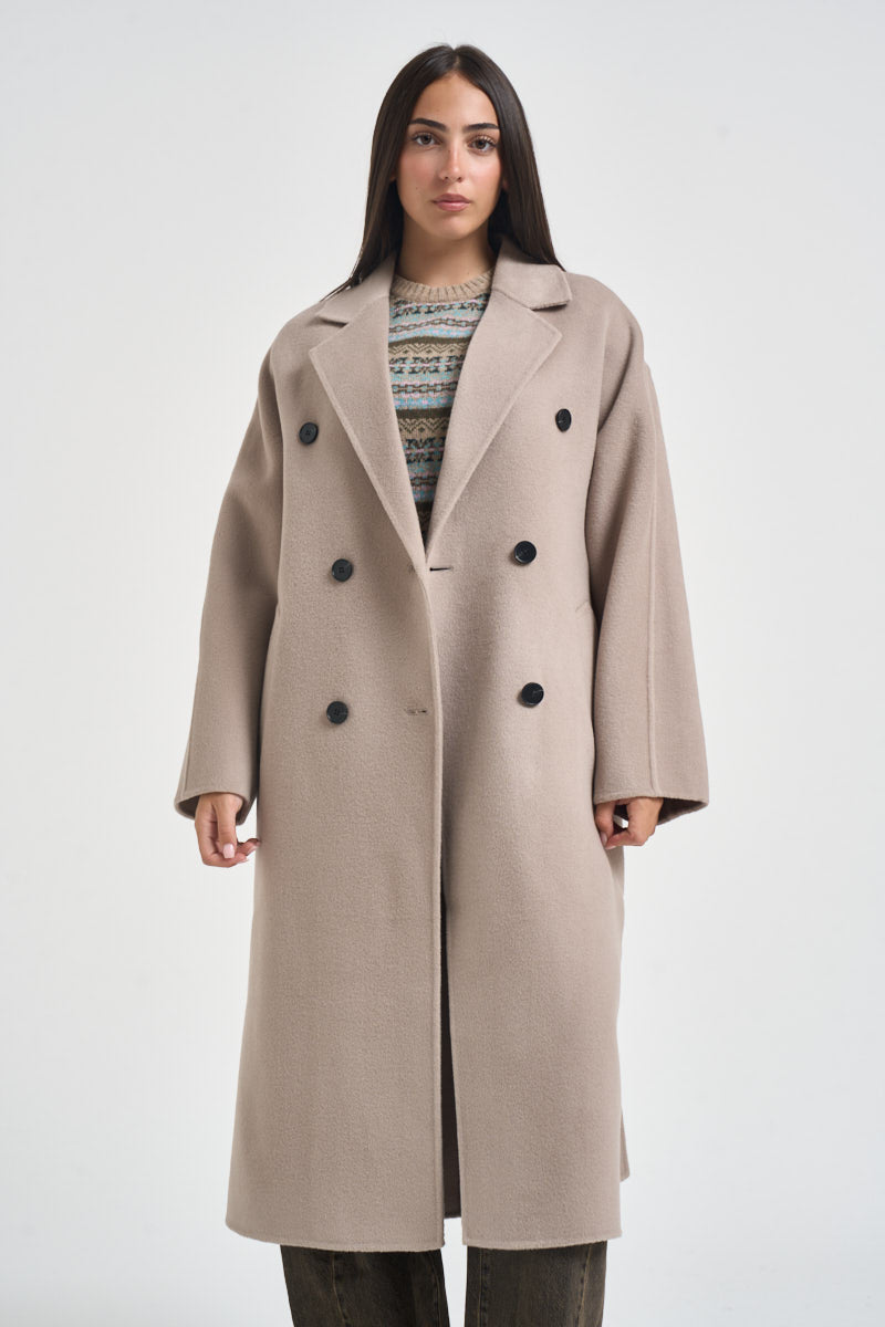Cappotto donna lungo doppiopetto con cinta beige PENELOPE ATHOSVISONE 104 ACCADEMIE TESSILI 