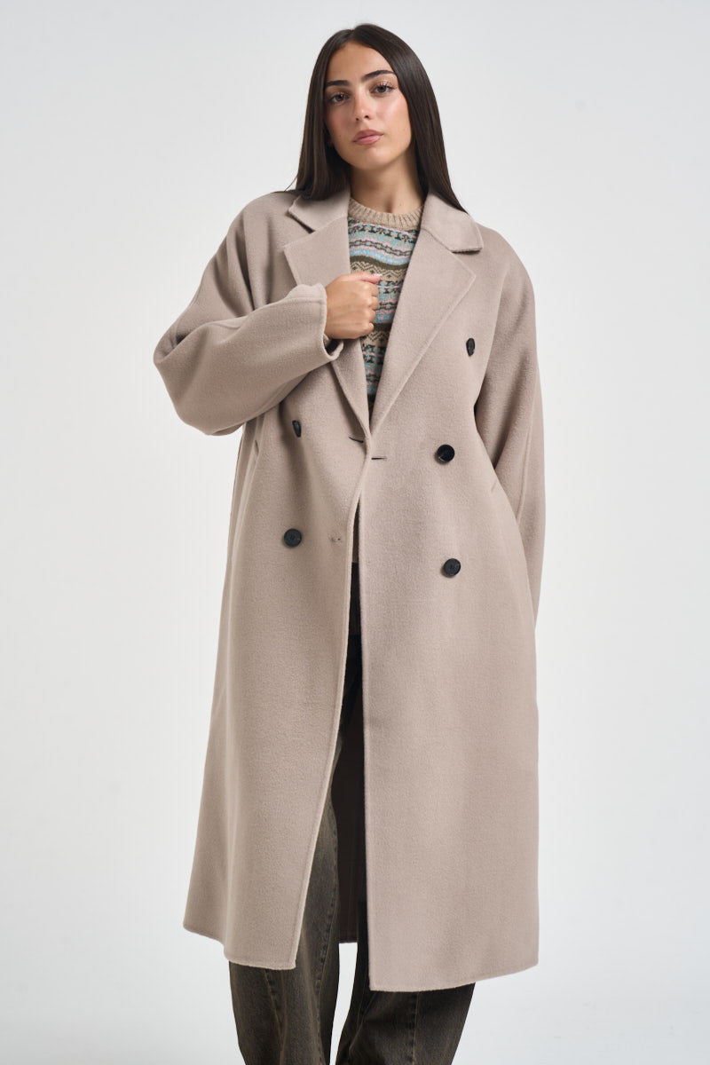 Cappotto donna lungo doppiopetto con cinta beige PENELOPE ATHOSVISONE 104 ACCADEMIE TESSILI 