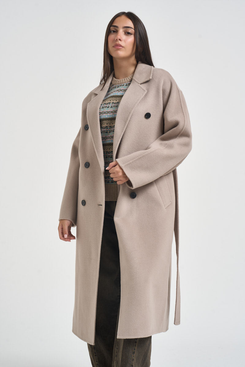Cappotto donna lungo doppiopetto con cinta beige PENELOPE ATHOSVISONE 104 ACCADEMIE TESSILI 