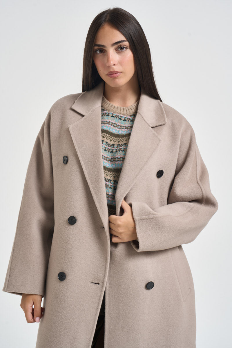 Cappotto donna lungo doppiopetto con cinta beige PENELOPE ATHOSVISONE 104 ACCADEMIE TESSILI 