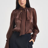 Camicia donna in raso con fiocco ruggine 17135 BROWN ACTUALEE 