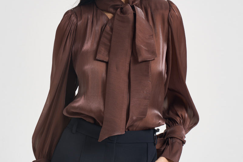 Camicia donna in raso con fiocco ruggine 17135 BROWN ACTUALEE 