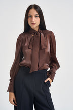 Camicia donna in raso con fiocco ruggine 17135 BROWN ACTUALEE 