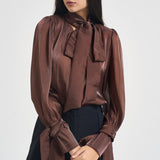 Camicia donna in raso con fiocco ruggine 17135 BROWN ACTUALEE 