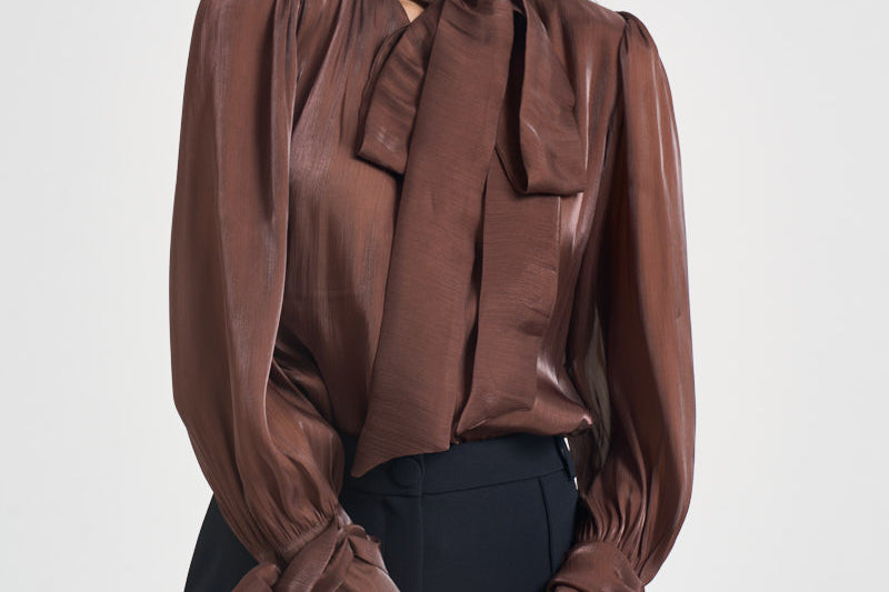 Camicia donna in raso con fiocco ruggine 17135 BROWN ACTUALEE 