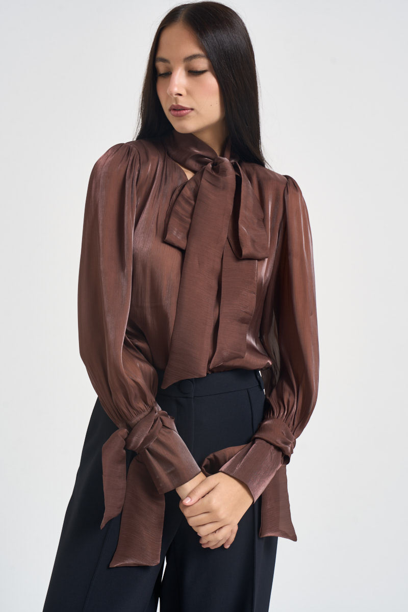 Camicia donna in raso con fiocco ruggine 17135 BROWN ACTUALEE 