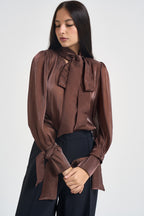 Camicia donna in raso con fiocco ruggine 17135 BROWN ACTUALEE 