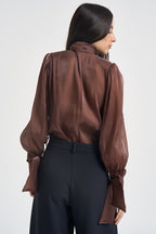 Camicia donna in raso con fiocco ruggine 17135 BROWN ACTUALEE 