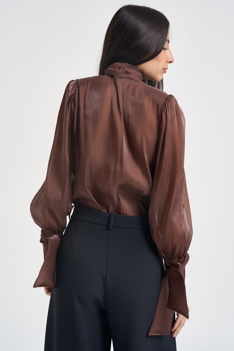 Camicia donna in raso con fiocco ruggine 17135 BROWN ACTUALEE 