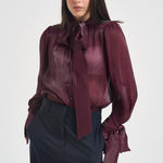 Camicia donna in raso con fiocco bordeaux 17135 BURGUNDY ACTUALEE 