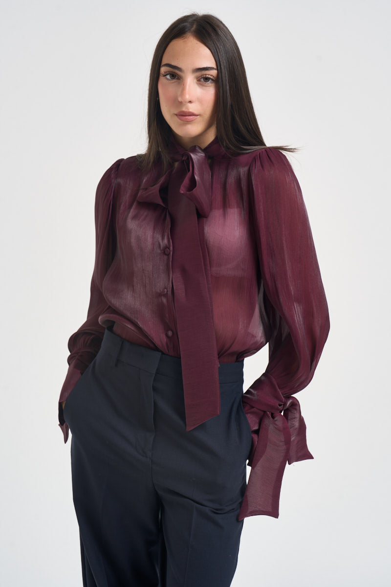 Camicia donna in raso con fiocco bordeaux 17135 BURGUNDY ACTUALEE 