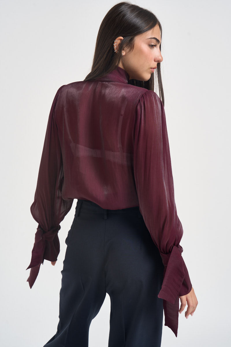 Camicia donna in raso con fiocco bordeaux 17135 BURGUNDY ACTUALEE 