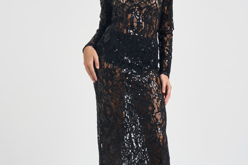 Abito donna lungo in pizzo con paillettes nero 2611AB NERO ACTUALEE 