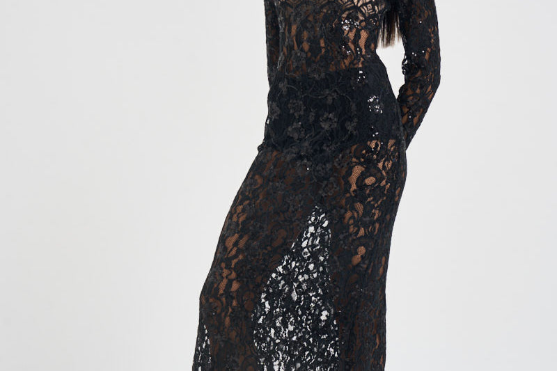 Abito donna lungo in pizzo con paillettes nero 2611AB NERO ACTUALEE 