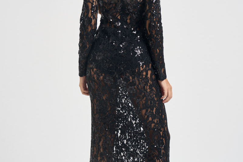 Abito donna lungo in pizzo con paillettes nero 2611AB NERO ACTUALEE 