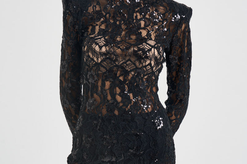 Abito donna lungo in pizzo con paillettes nero 2611AB NERO ACTUALEE 