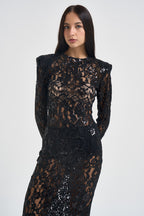 Abito donna lungo in pizzo con paillettes nero 2611AB NERO ACTUALEE 