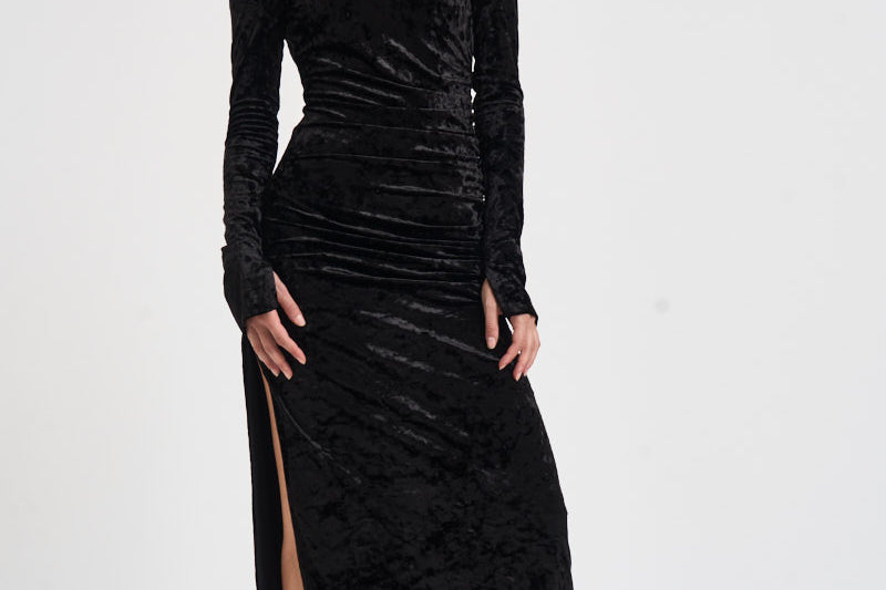 Abito donna Romane lungo in velluto nero 6930V BLACK DANAME 