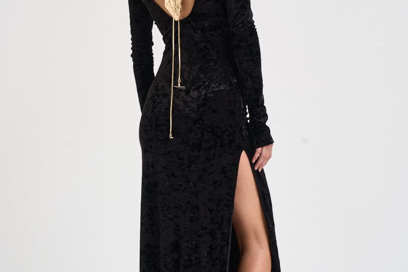 Abito donna Romane lungo in velluto nero 6930V BLACK DANAME 