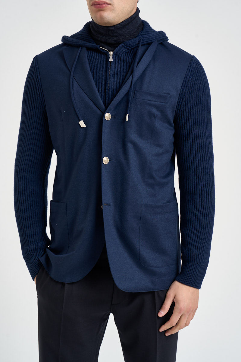 Giacca uomo con cappuccio e maniche in maglia blu navy GIAN07 N276ROYALBLU ELEVENTY 
