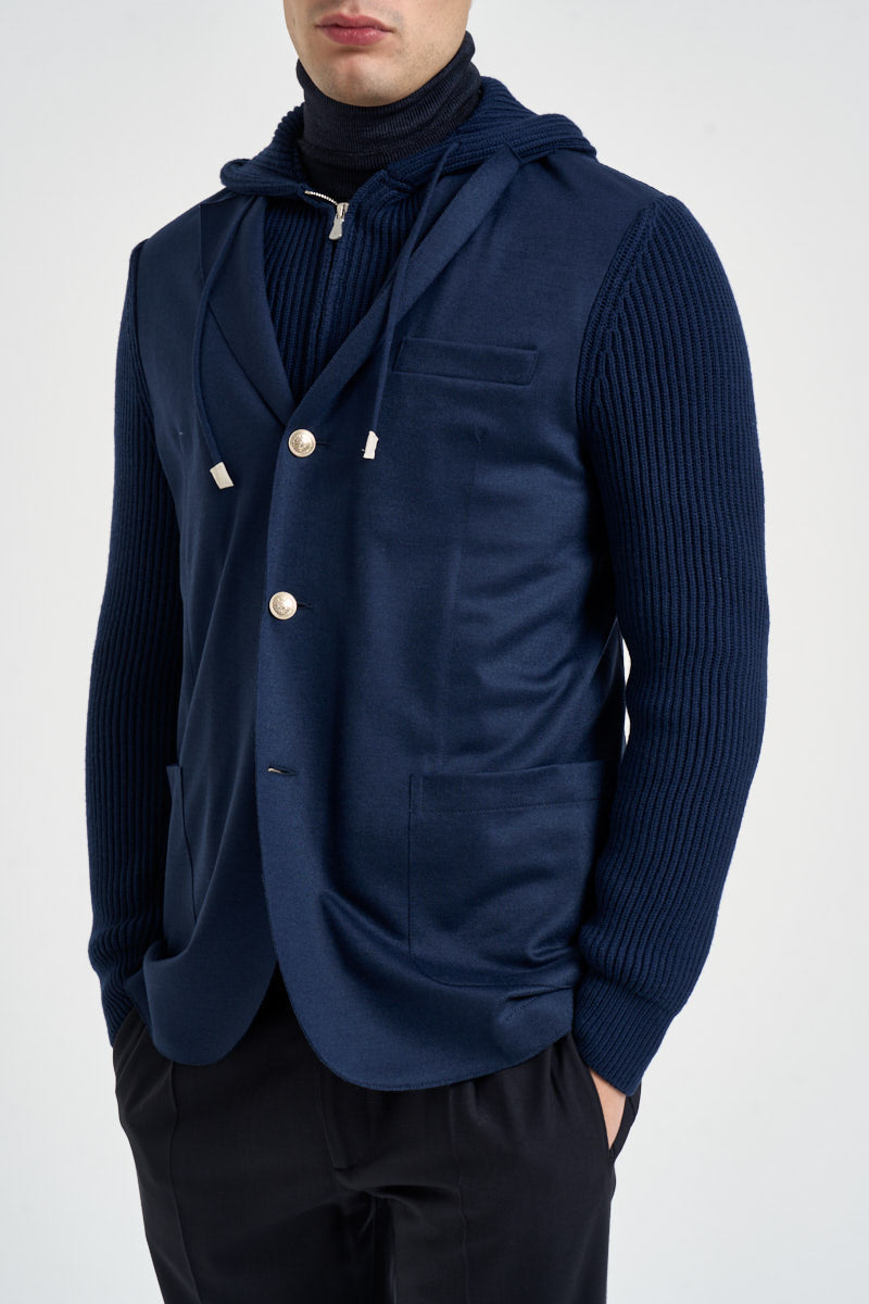 Giacca uomo con cappuccio e maniche in maglia blu navy GIAN07 N276ROYALBLU ELEVENTY 