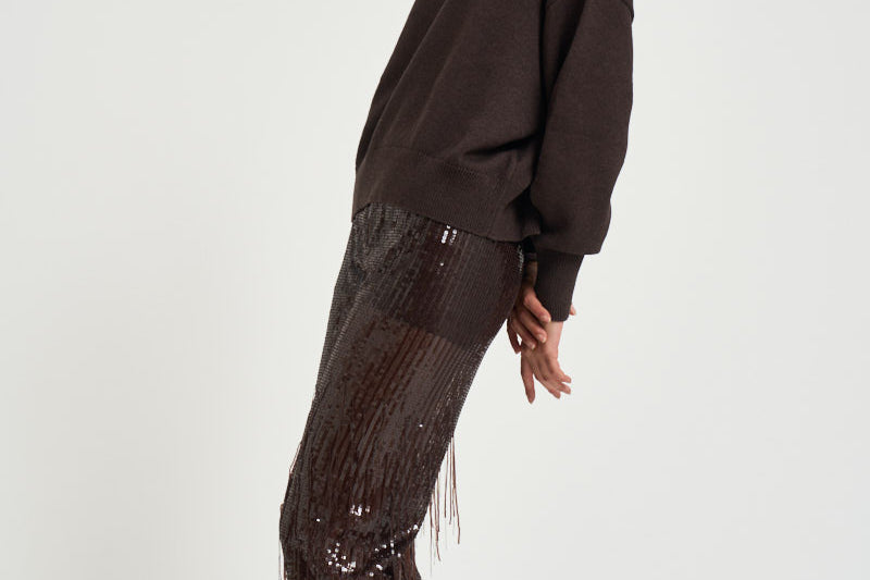 Pantalone donna palazzo con paillettes marrone scuro 30815314 69 FEDERICA TOSI 