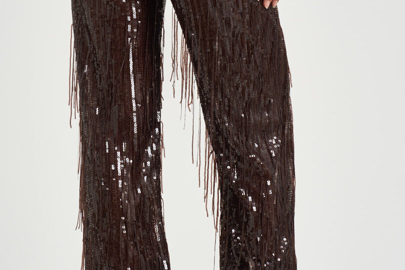 Pantalone donna palazzo con paillettes marrone scuro 30815314 69 FEDERICA TOSI 
