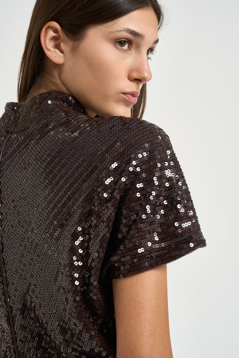 Abito donna mini con paillettes marrone scuro 31212314 69 FEDERICA TOSI 