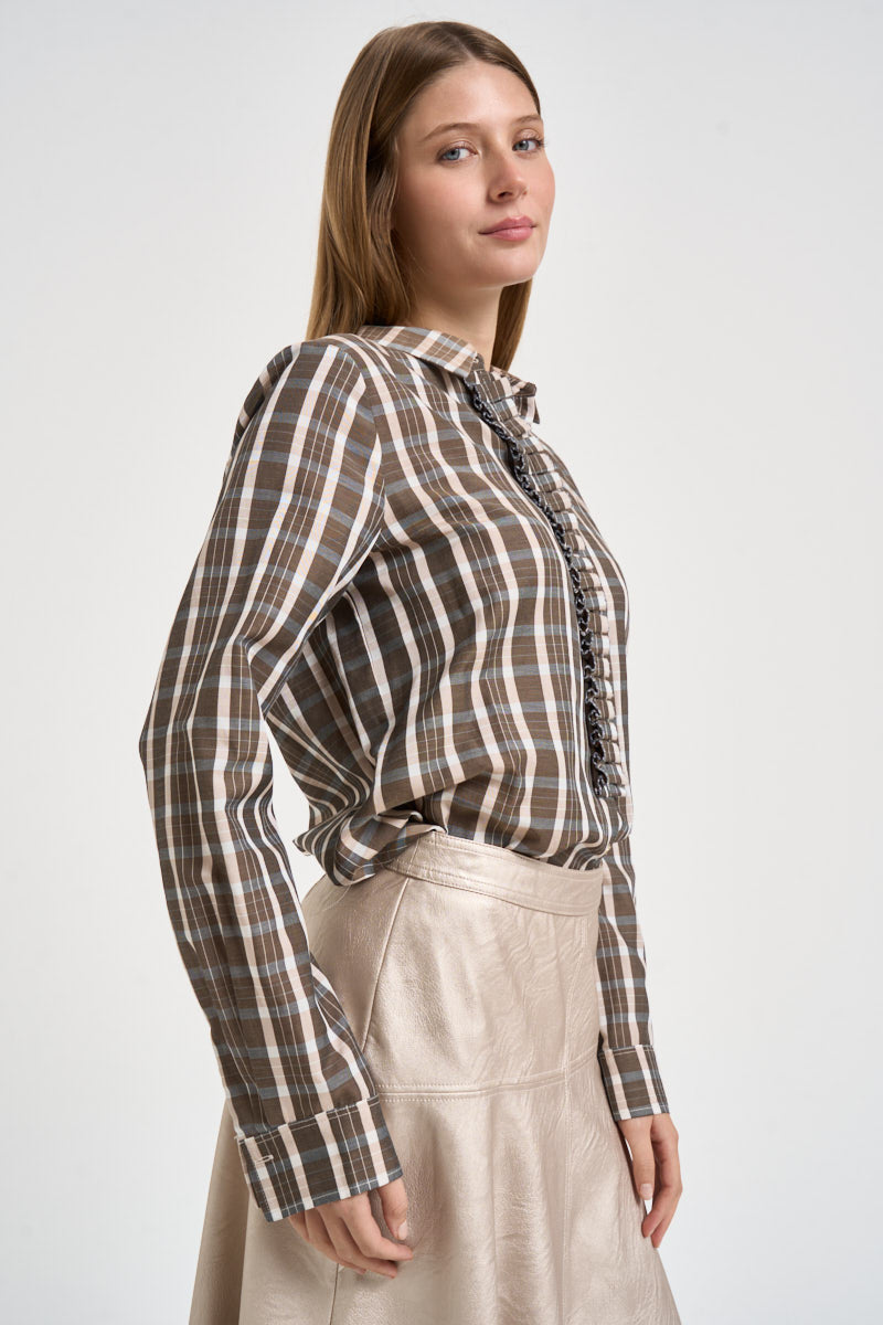 Camicia donna tartan light voile shirt con rouches a quadri multicolor 15343 CREAM FORTE FORTE 