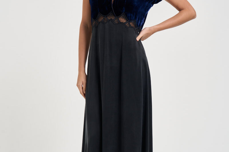 Abito donna lungo in cupro e velluto blu notte 15355 NIGHT FORTE FORTE 
