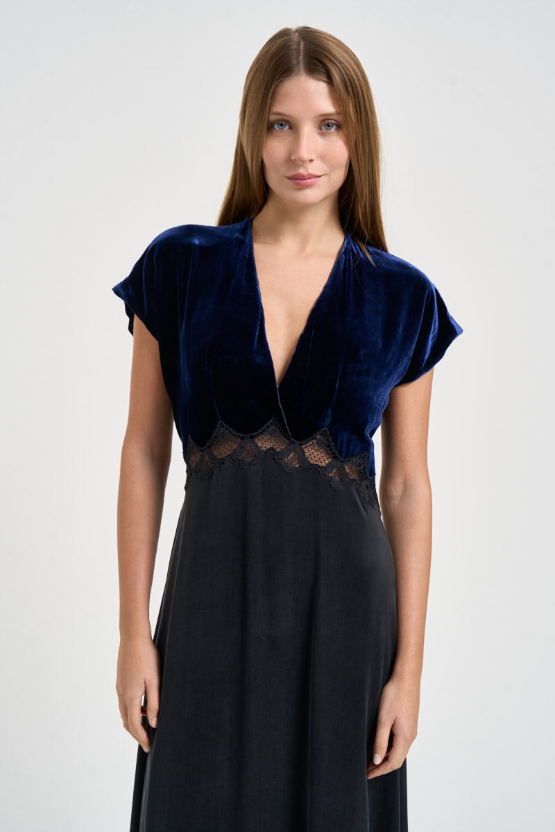 Abito donna lungo in cupro e velluto blu notte 15355 NIGHT FORTE FORTE 
