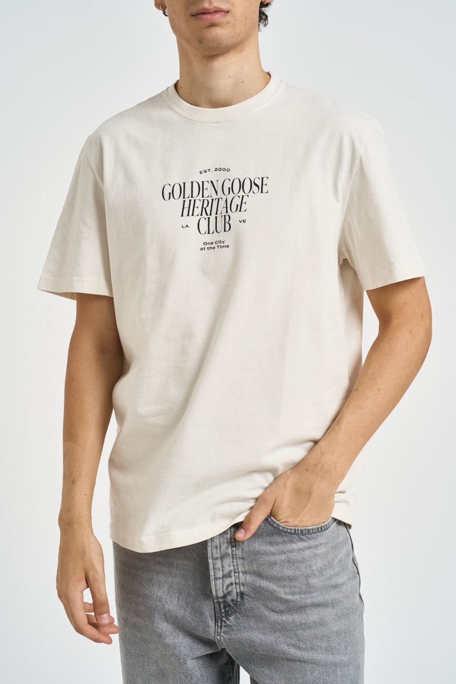 T-shirt uomo girocollo con scritte panna GMP01220 P00261911560 GOLDEN GOOSE 