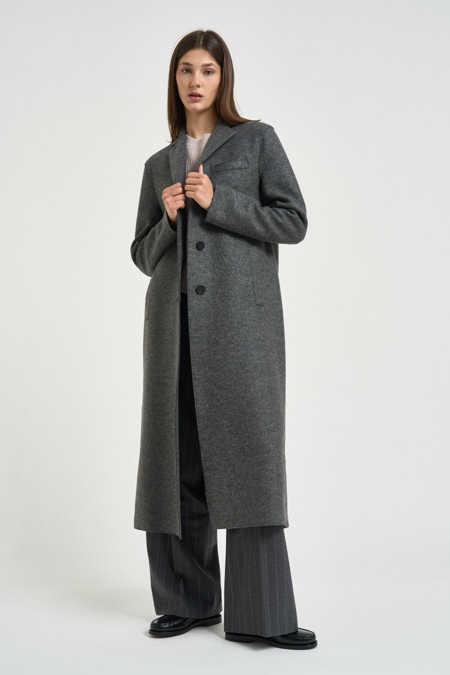 Cappotto donna lungo grigio melange AA1220 MIDDLEGREY HARRIS WHARF LONDON 
