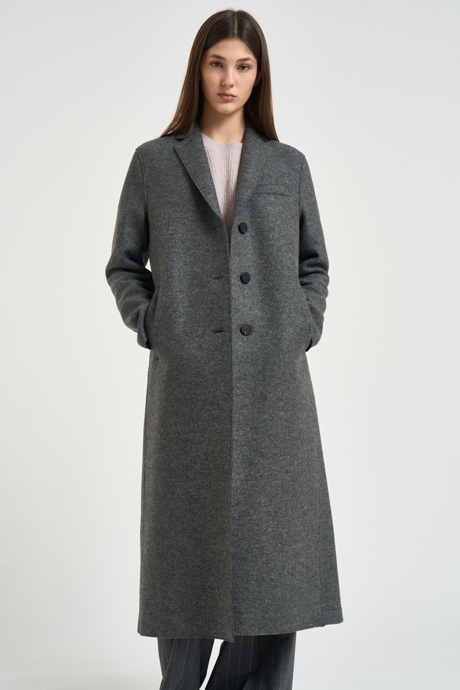 Cappotto donna lungo grigio melange AA1220 MIDDLEGREY HARRIS WHARF LONDON 