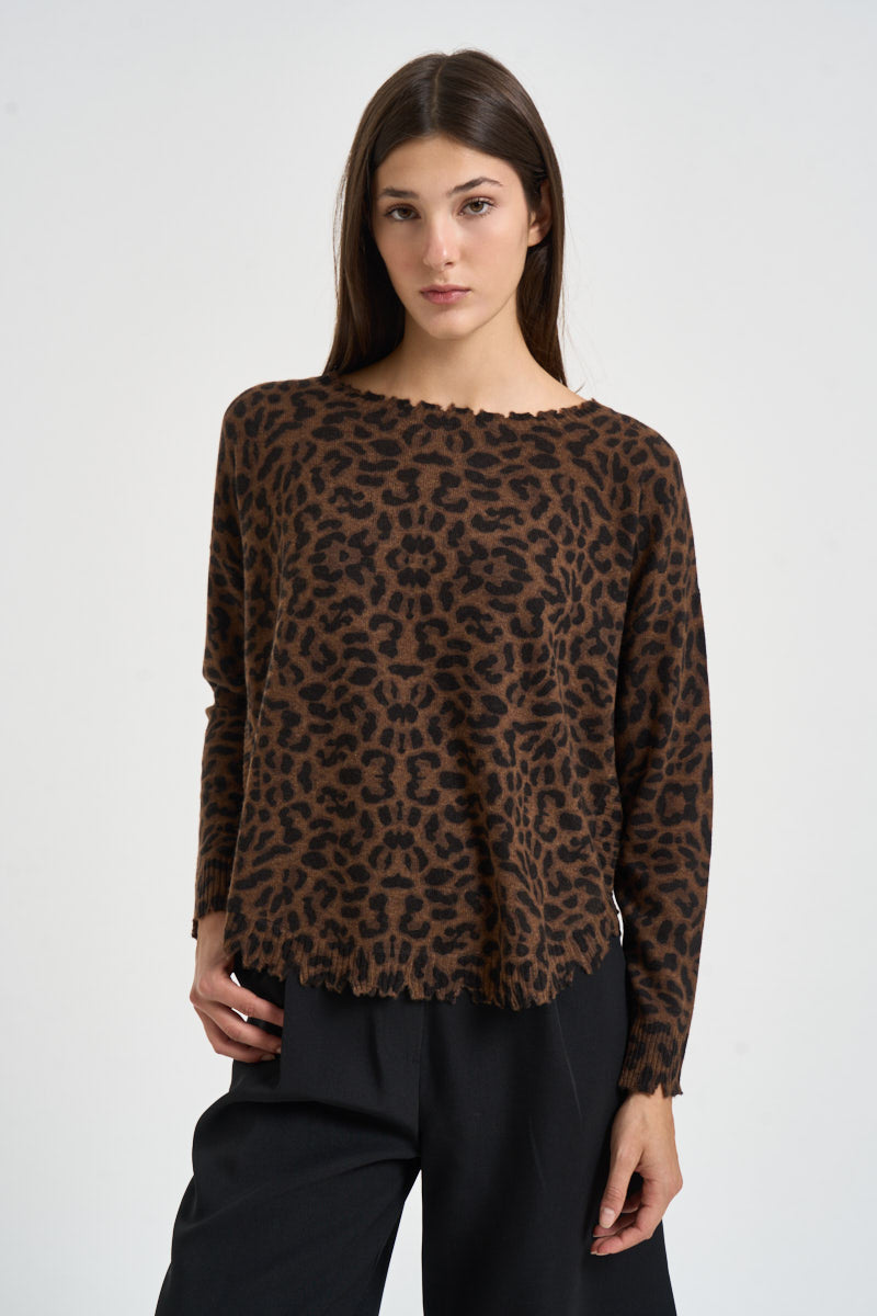 Maglia donna Melah Leopard in cashmere animalier marrone MELAH LEOPARD 4412MARRON KUJTEN 