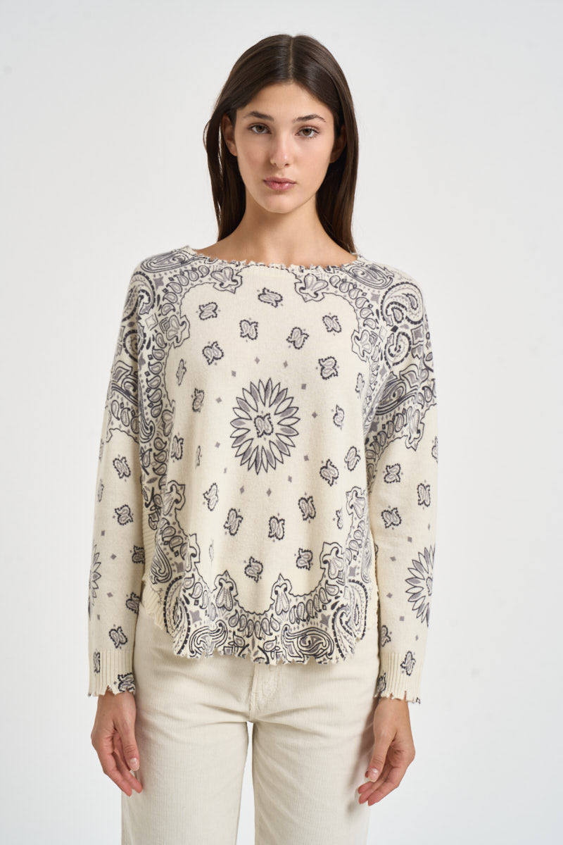 Maglia donna stampa bandana panna MELA BANDANA BICO 2913BLANC KUJTEN 