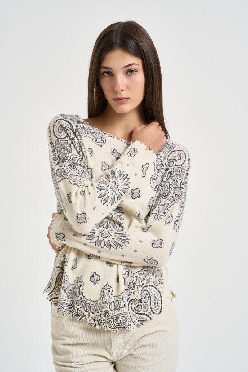 Maglia donna stampa bandana panna MELA BANDANA BICO 2913BLANC KUJTEN 