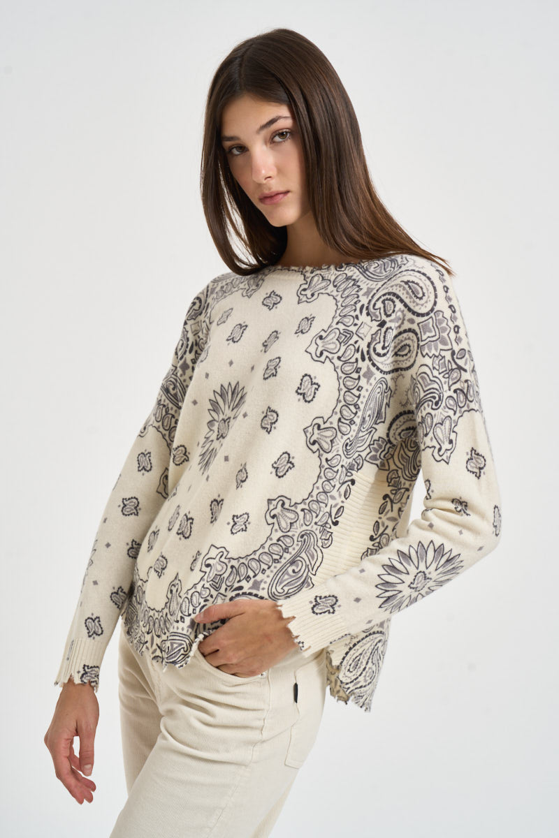 Maglia donna stampa bandana panna MELA BANDANA BICO 2913BLANC KUJTEN 