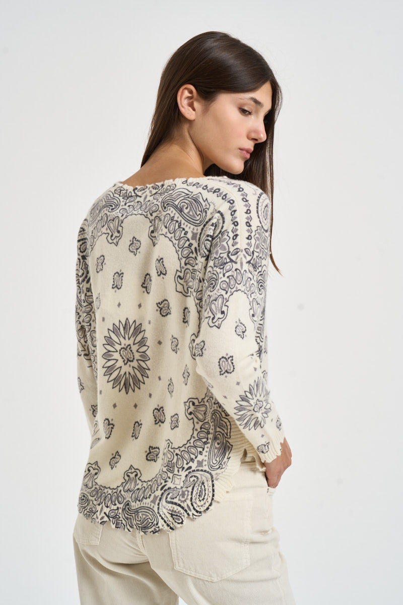 Maglia donna stampa bandana panna MELA BANDANA BICO 2913BLANC KUJTEN 