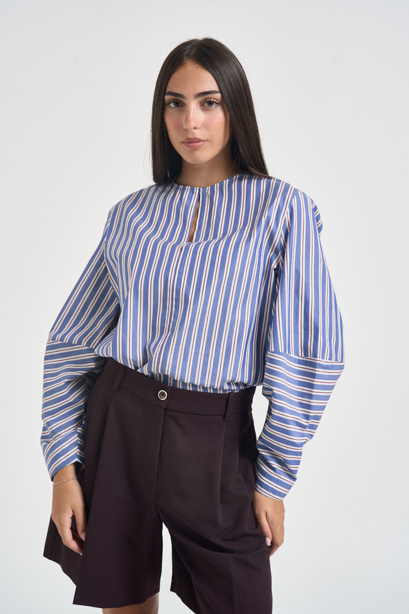 Camicia donna a righe over celeste e bordeaux F6M66 83RIG LIVIANA CONTI 