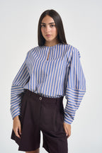 Camicia donna a righe over celeste e bordeaux F6M66 83RIG LIVIANA CONTI 