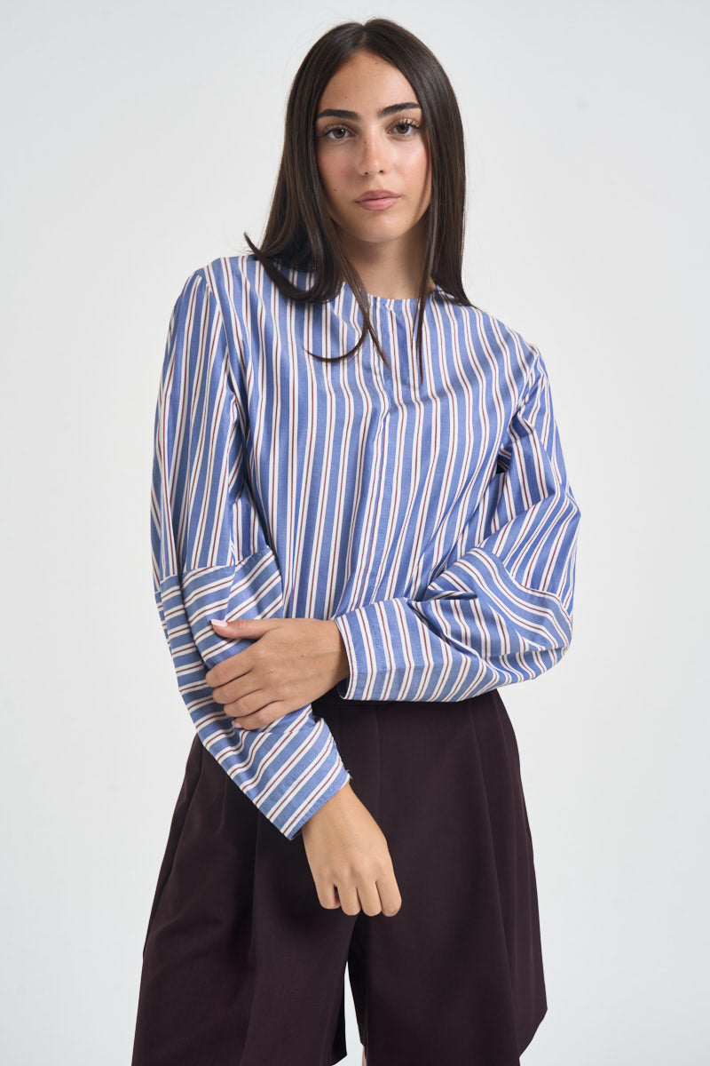 Camicia donna a righe over celeste e bordeaux F6M66 83RIG LIVIANA CONTI 