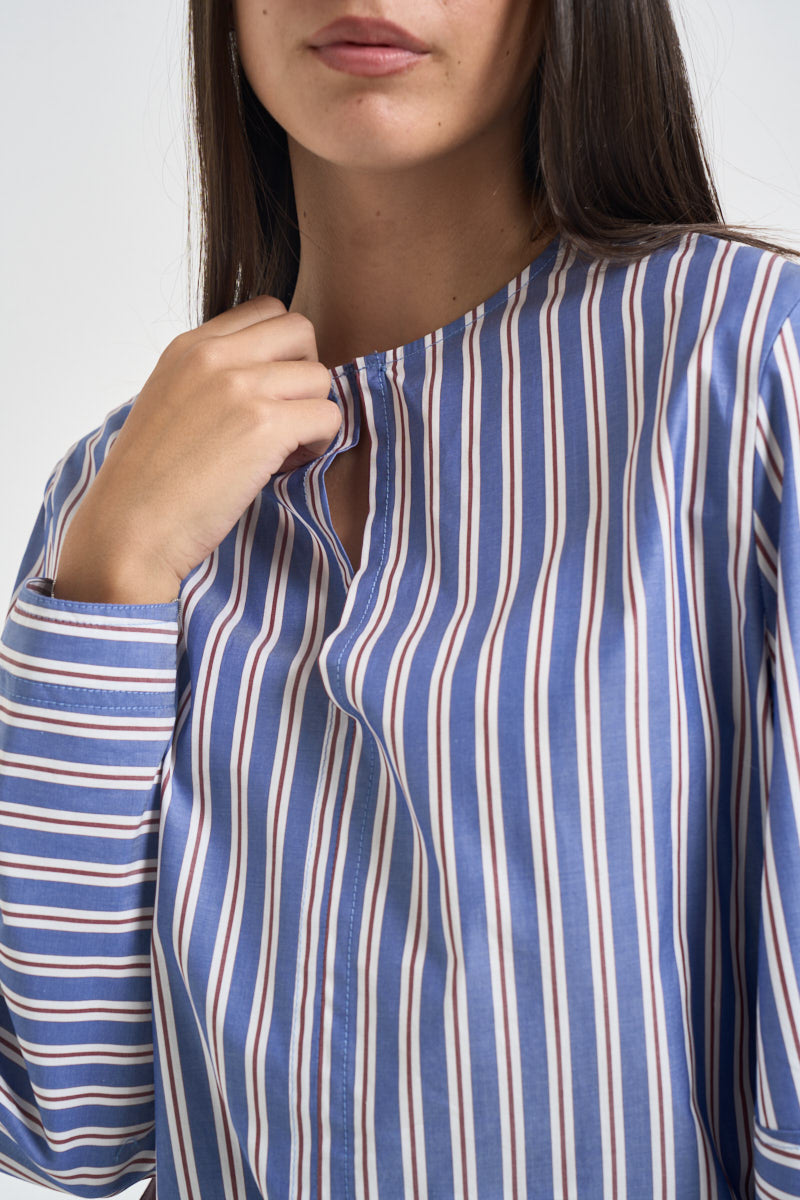 Camicia donna a righe over celeste e bordeaux F6M66 83RIG LIVIANA CONTI 