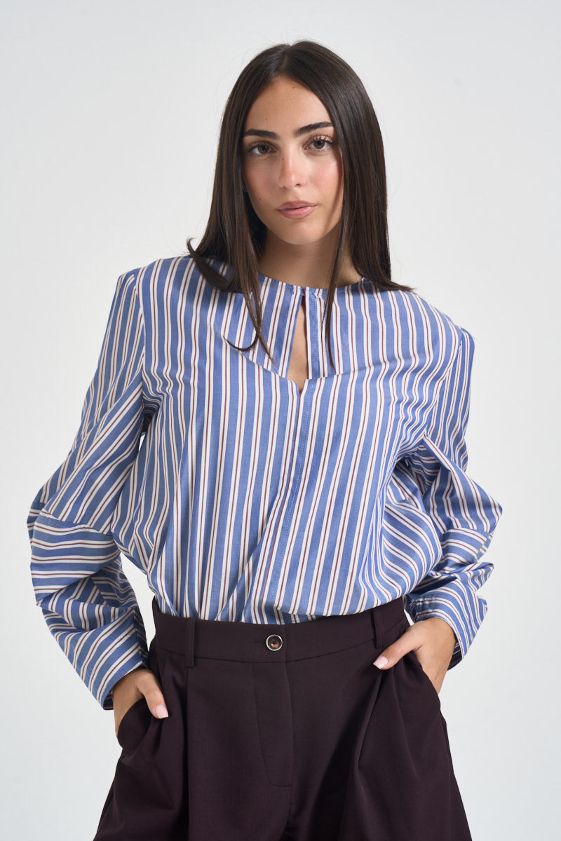 Camicia donna a righe over celeste e bordeaux F6M66 83RIG LIVIANA CONTI 